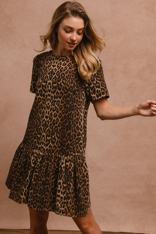 BiBi Tie Back Leopard Round Neck Short Sleeve Dress - 1985 the VAULT Boutique