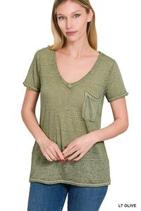 Basic Washed Melange Burnout Scoop V-Neck Top - 1985 the VAULT Boutique