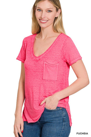 Basic Washed Melange Burnout Scoop V-Neck Top - 1985 the VAULT Boutique