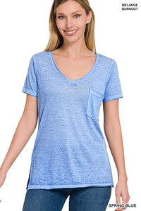 Basic Washed Melange Burnout Scoop V-Neck Top - 1985 the VAULT Boutique