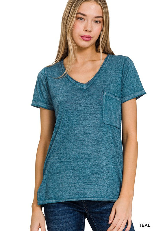 Basic Washed Melange Burnout Scoop V-Neck Top - 1985 the VAULT Boutique