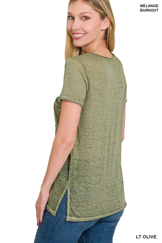 Basic Washed Melange Burnout Scoop V-Neck Top - 1985 the VAULT Boutique