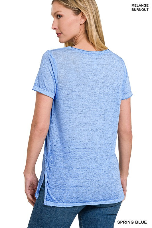 Basic Washed Melange Burnout Scoop V-Neck Top - 1985 the VAULT Boutique