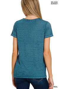 Basic Washed Melange Burnout Scoop V-Neck Top - 1985 the VAULT Boutique