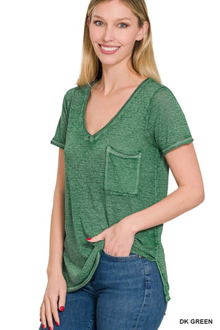 Basic Washed Melange Burnout Scoop V-Neck Top - 1985 the VAULT Boutique