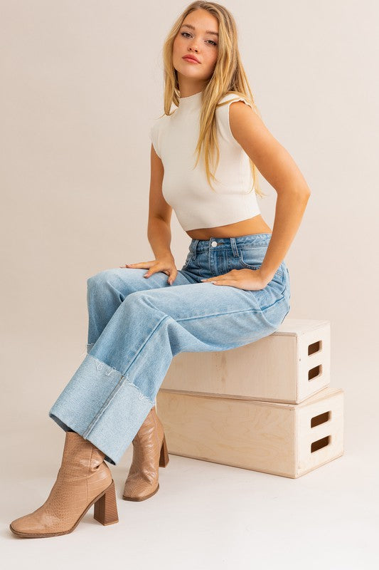 High-Waisted Wide Leg Cuffed Jeans - 1985 the VAULT Boutique