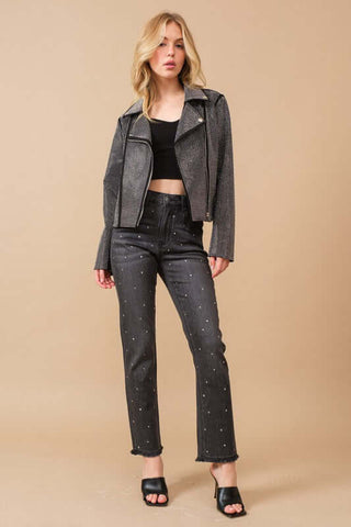 Crystal Studded Stretch Zip Up Moto Jacket - 1985 the VAULT Boutique