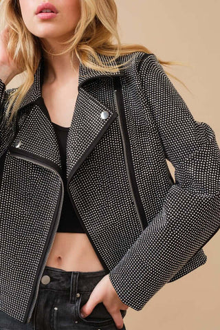 Crystal Studded Stretch Zip Up Moto Jacket - 1985 the VAULT Boutique