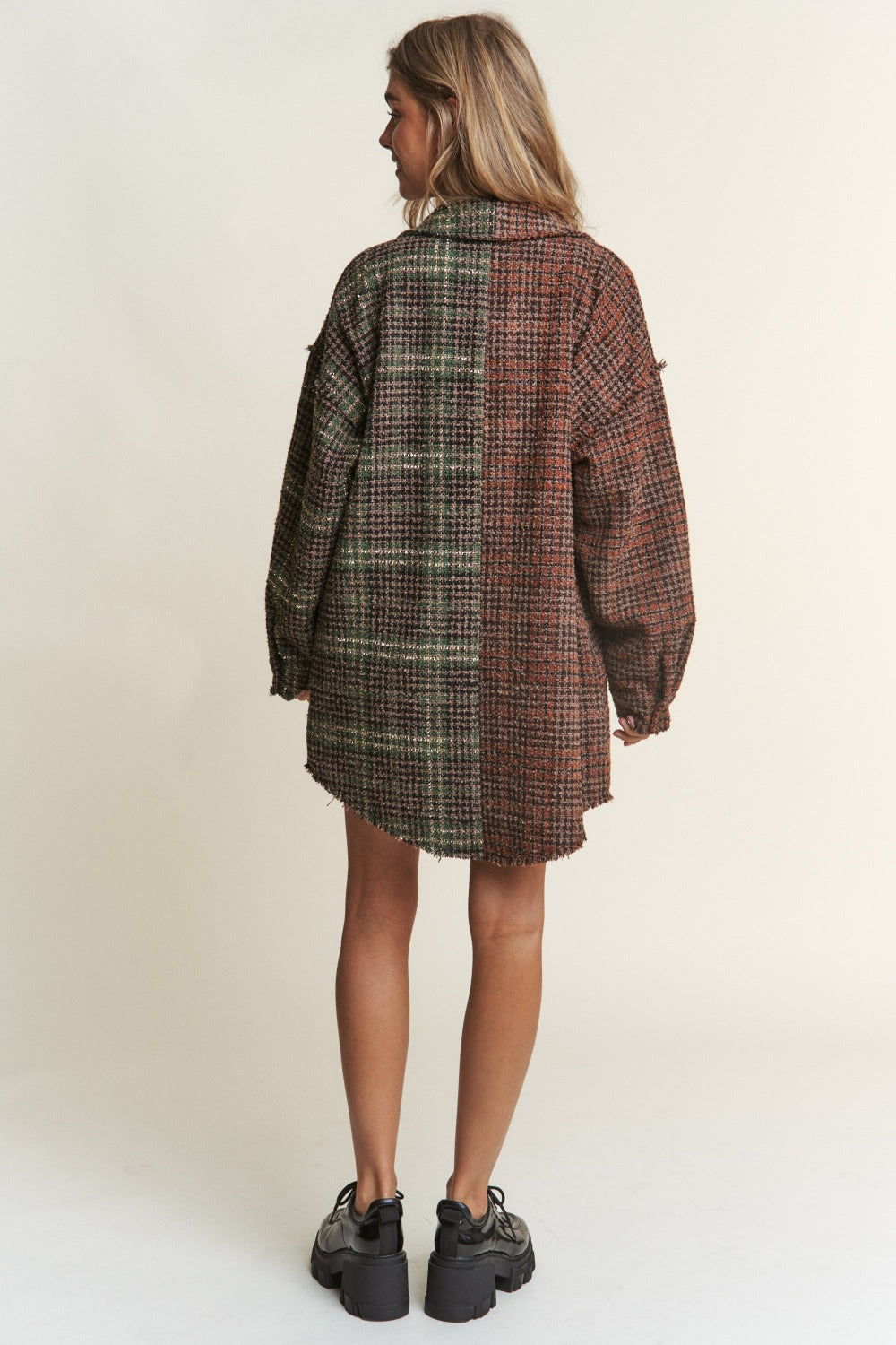 J.NNA Snap Down Tweed Plaid Contrast  Longline Shacket - 1985 the VAULT Boutique