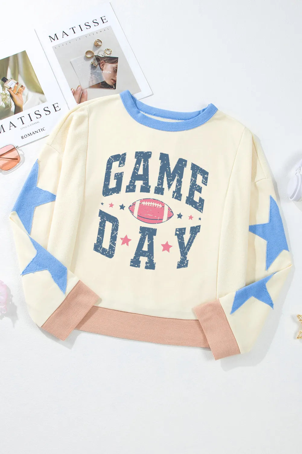 GAME DAY Star Patch Round Neck Long Sleeve Sweatshirt - 1985 the VAULT Boutique