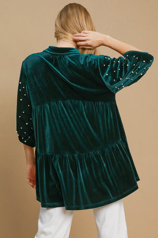 Umgee Pearl Detail Half Sleeve Velvet Babydoll Blouse - 1985 the VAULT Boutique