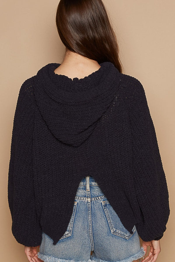 POL Back Open Slit Balloon Sleeve Crop Hooded Sweater - 1985 THE VAULT