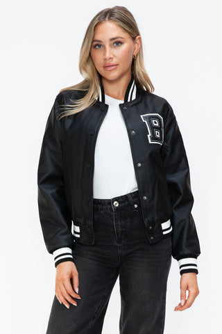 Love Me Now PU Leather Contrast Snap Down Bomber Jacket - 1985 the VAULT Boutique