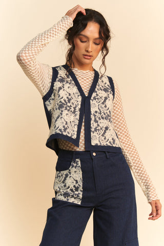 Davi & Dani Lace Patch Open Front Denim Vest - 1985 the VAULT Boutique