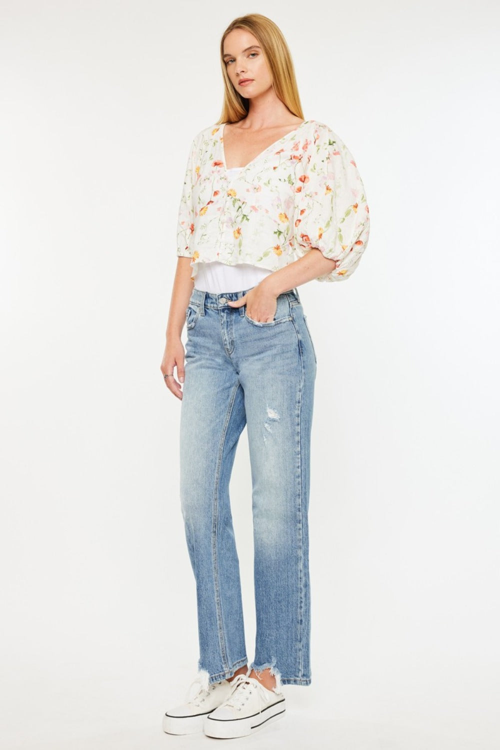 Kancan Mid Rise Frayed Hem Straight Jeans - 1985 the VAULT Boutique