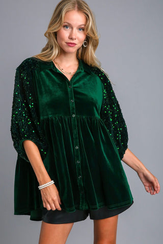 Umgee Sequin Detail Tiered Back Half Sleeve Shirt - 1985 the VAULT Boutique