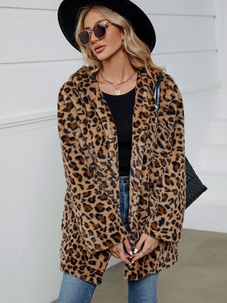 Fuzzy Leopard Hooded Long Sleeve Jacket - 1985 the VAULT Boutique