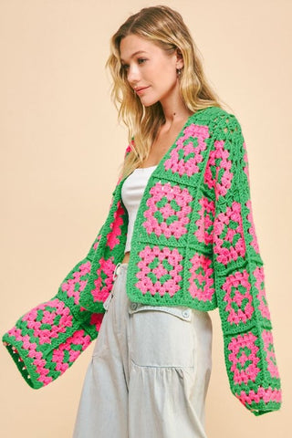 Davi & Dani Full Size Two Tone Flower Square Crochet Open Front Cardigan - 1985 the VAULT Boutique