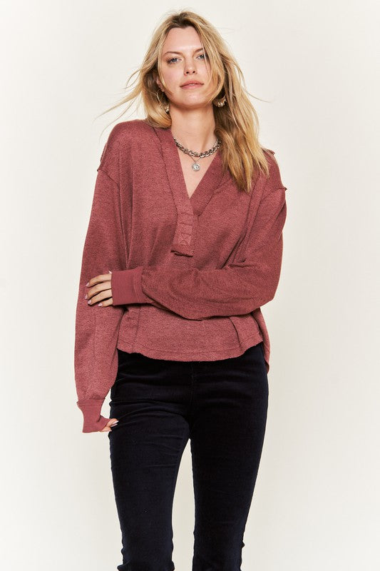 Deep V-neck Collared Long Sleeve Knit Top - 1985 the VAULT Boutique