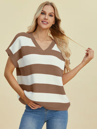 Double Take Full Size Striped V-Neck Short Sleeve Sweater - 1985 the VAULT Boutique