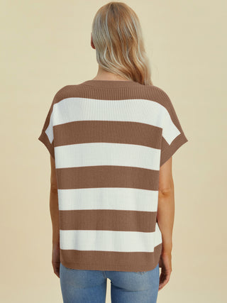 Double Take Full Size Striped V-Neck Short Sleeve Sweater - 1985 the VAULT Boutique