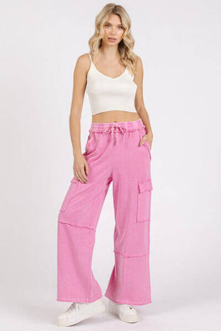 Mittoshop Mineral Wash Elastic Waist Cargo Wide Leg Pants - 1985 the VAULT Boutique