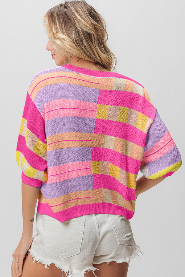 BiBi Multi Color Striped Round Neck Knit Top - 1985 THE VAULT