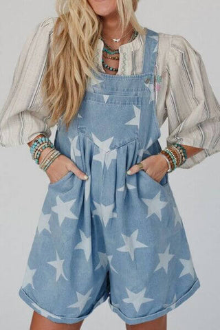 Star Print Square Neck Denim Overalls - 1985 the VAULT Boutique