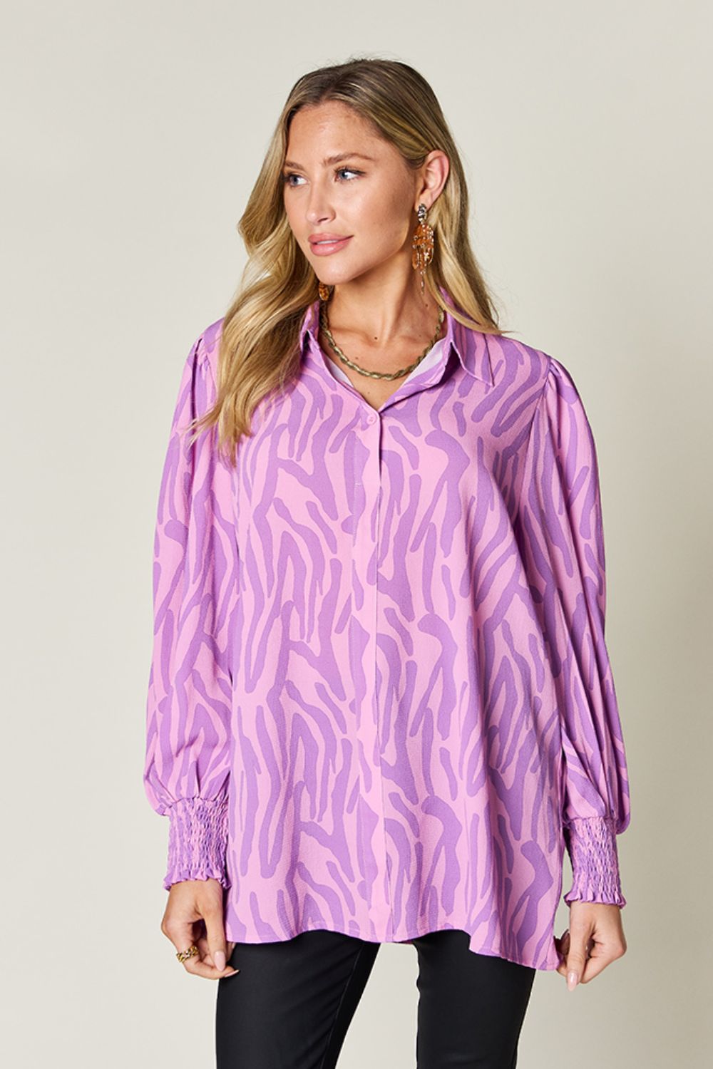 Double Take Full Size Printed Smocked Long Sleeve Blouse - 1985 the VAULT Boutique