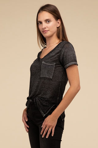 Basic Washed Melange Burnout Scoop V-Neck Top - 1985 the VAULT Boutique