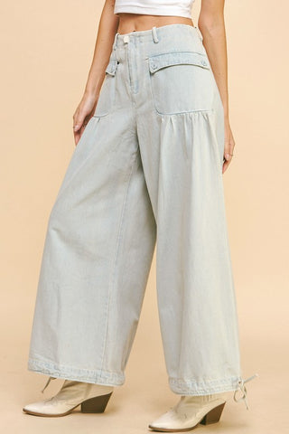 Davi & Dani Drawstring Hem Wide Leg Mid Rise Jeans - 1985 the VAULT Boutique