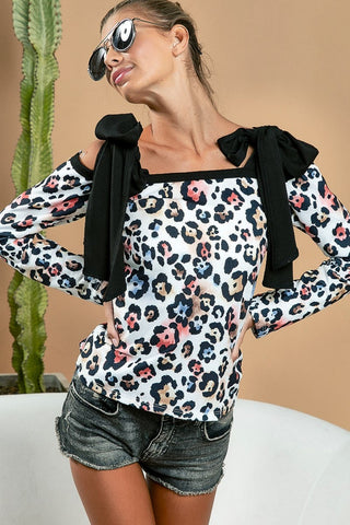 BiBi Leopard Shoulder Tie Long Sleeve Top - 1985 the VAULT Boutique