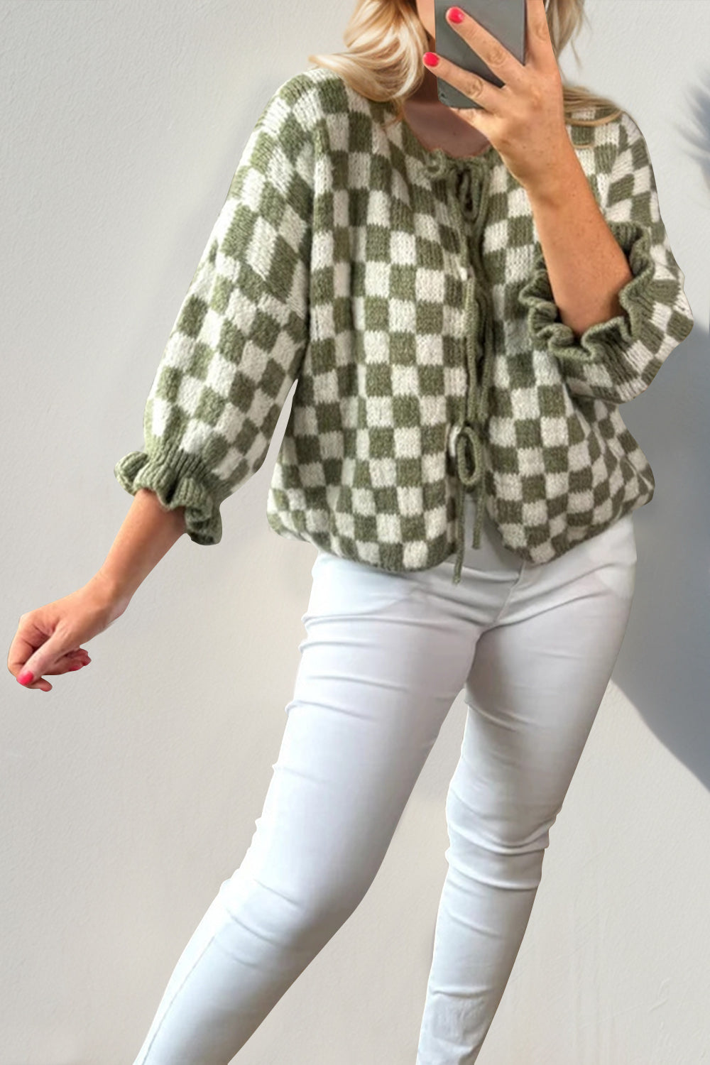 Double Take Tied Checkered Dropped Shoulder Flounce Sleeve Cardigan - 1985 the VAULT Boutique