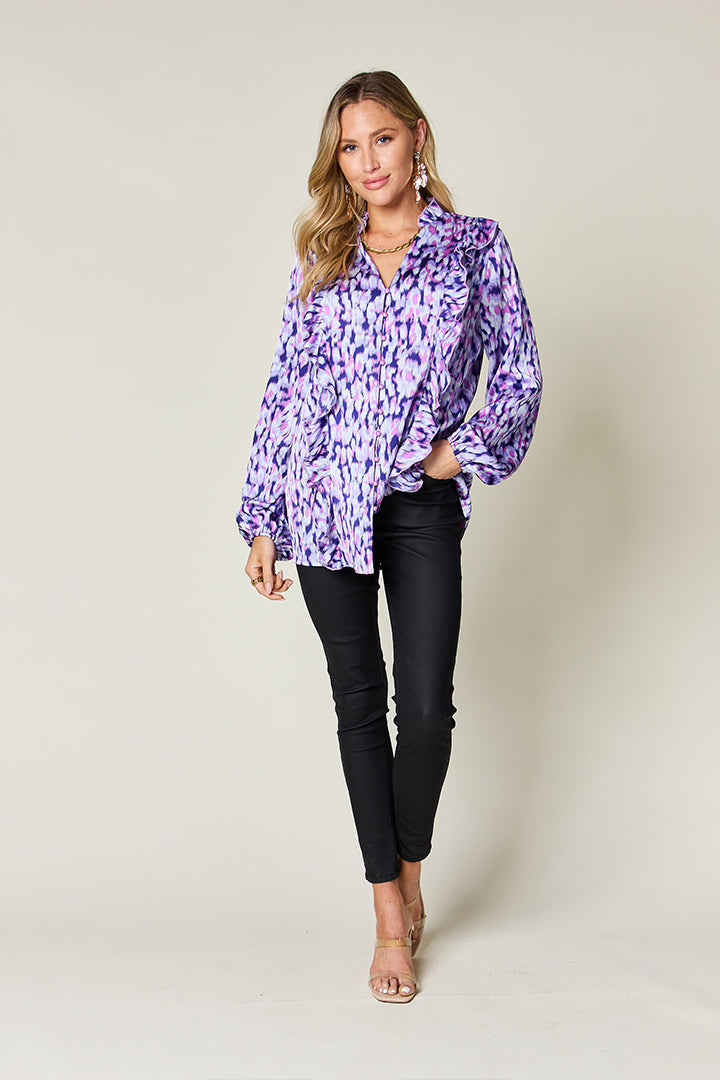 Double Take Full Size Printed Ruffle Trim Balloon Sleeve Shirt - 1985 THE VAULT