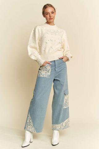 Davi & Dani Lace Applique Wide Leg Jeans - 1985 the VAULT Boutique