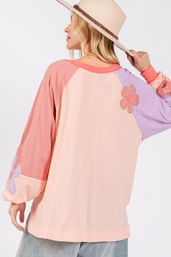 SAGE + FIG Full Size Daisy Applique Patch Color Block Long Sleeve Top - 1985 the VAULT Boutique