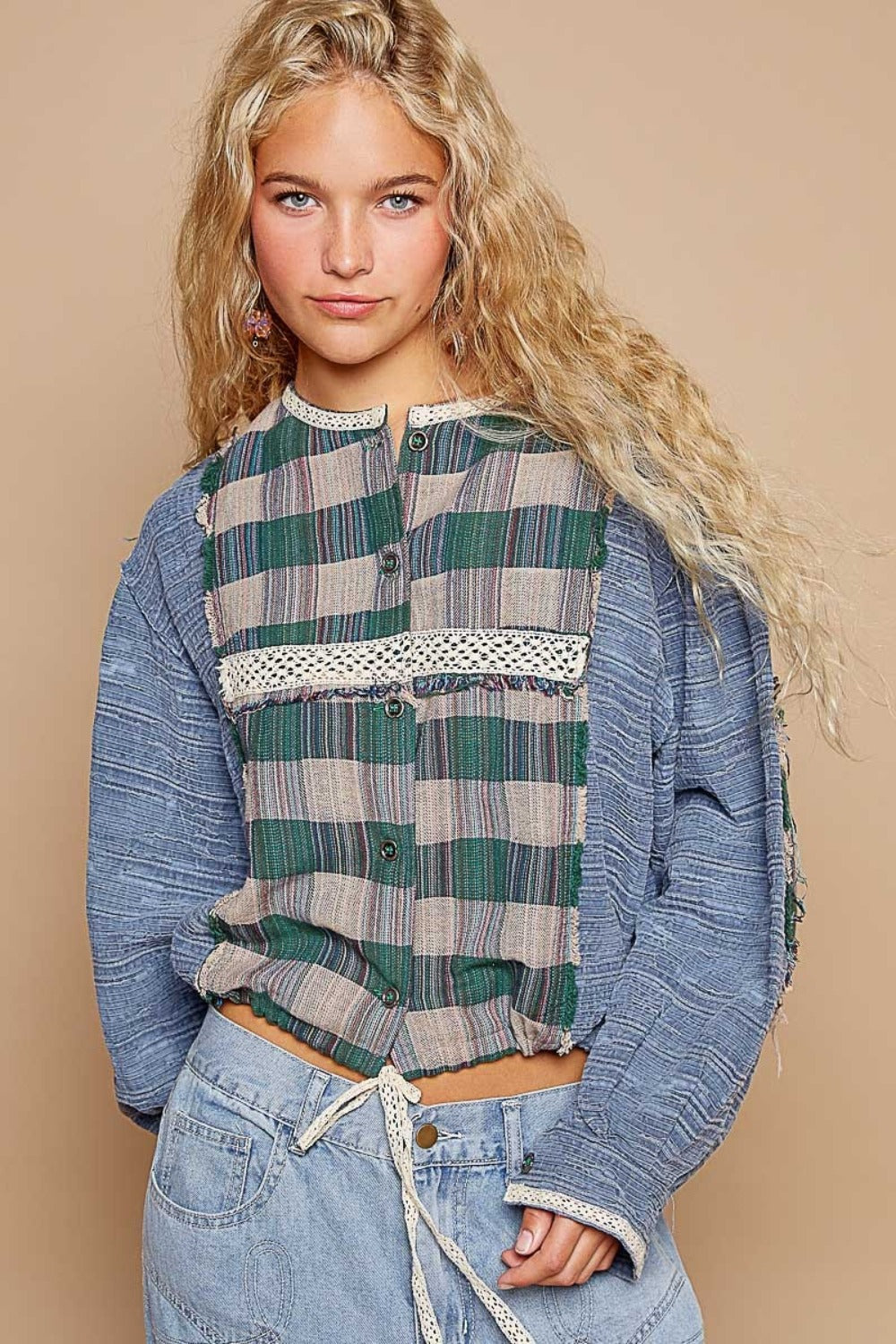 POL Round Neck Long Sleeve Plaid Shirt - 1985 the VAULT Boutique