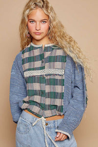 POL Round Neck Long Sleeve Plaid Shirt - 1985 the VAULT Boutique