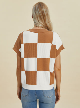 Double Take Full Size Checkered Round Neck Short Sleeve Sweater - 1985 the VAULT Boutique