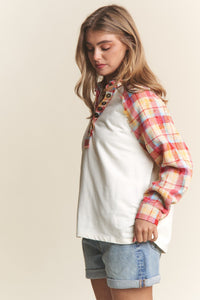 J.NNA Plaid Contrast Button Down Henley Top - 1985 the VAULT Boutique