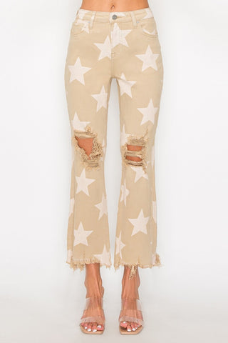 RISEN Full Size High Rise Star Printed Frayed Hem Jeans - 1985 the VAULT Boutique