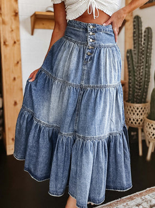 Tiered Button-Fly Denim Skirt - 1985 the VAULT Boutique