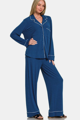 Zenana Button Down Long Sleeve Top and Pants Lounge Set - 1985 the VAULT Boutique