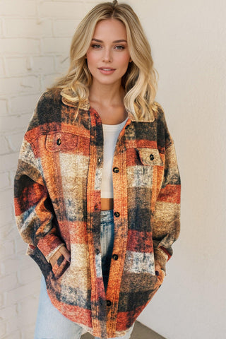 Double Take Button Up Plaid Fleece Shacket with Pockets - 1985 the VAULT Boutique