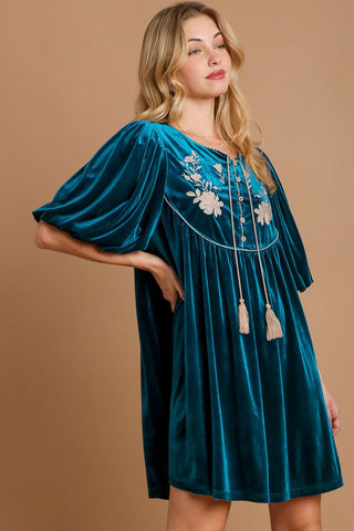 Umgee Embroidered Half Sleeve Velvet Mini Dress with Tassel - 1985 the VAULT Boutique