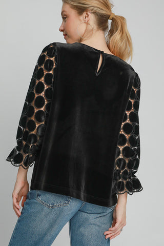 Umgee Polka Dot Lace Long Sleeve Round Neck Blouse - 1985 the VAULT Boutique