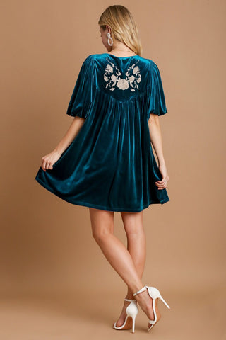 Umgee Embroidered Half Sleeve Velvet Mini Dress with Tassel - 1985 the VAULT Boutique