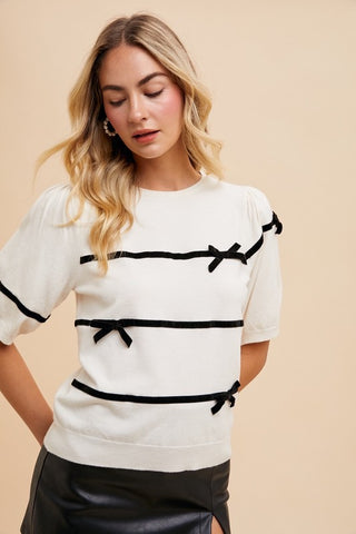 Annie Wear Striped Bow Round Neck Knit Top - 1985 the VAULT Boutique