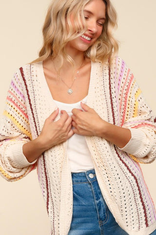 Haptics Full Size Striped Crochet Open Front Cardigan - 1985 the VAULT Boutique