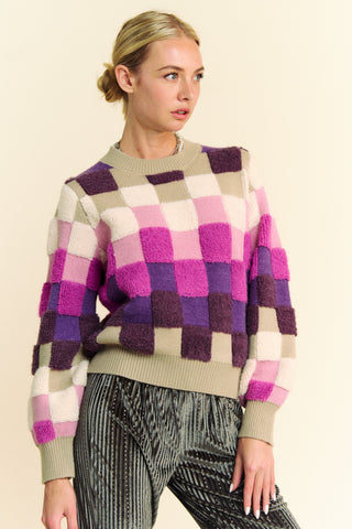 Davi & Dani Checkered Round Neck Long Sleeve Sweater - 1985 the VAULT Boutique